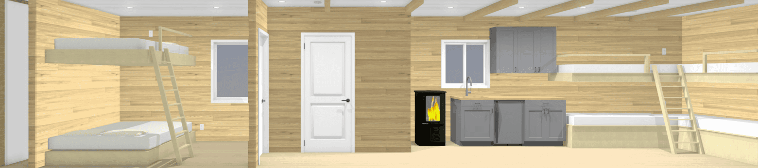 the augustine: 40 ft hunting cabin bedroom and kitchen rendering